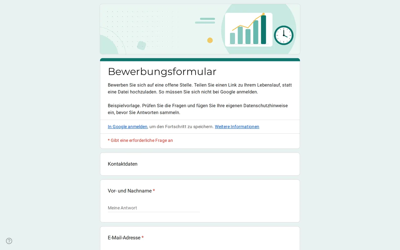 Google Forms Bewerbungsvorlage Hirova mit Drop-down für die Stelle, Eintrittstermin und Link zum Lebenslauf