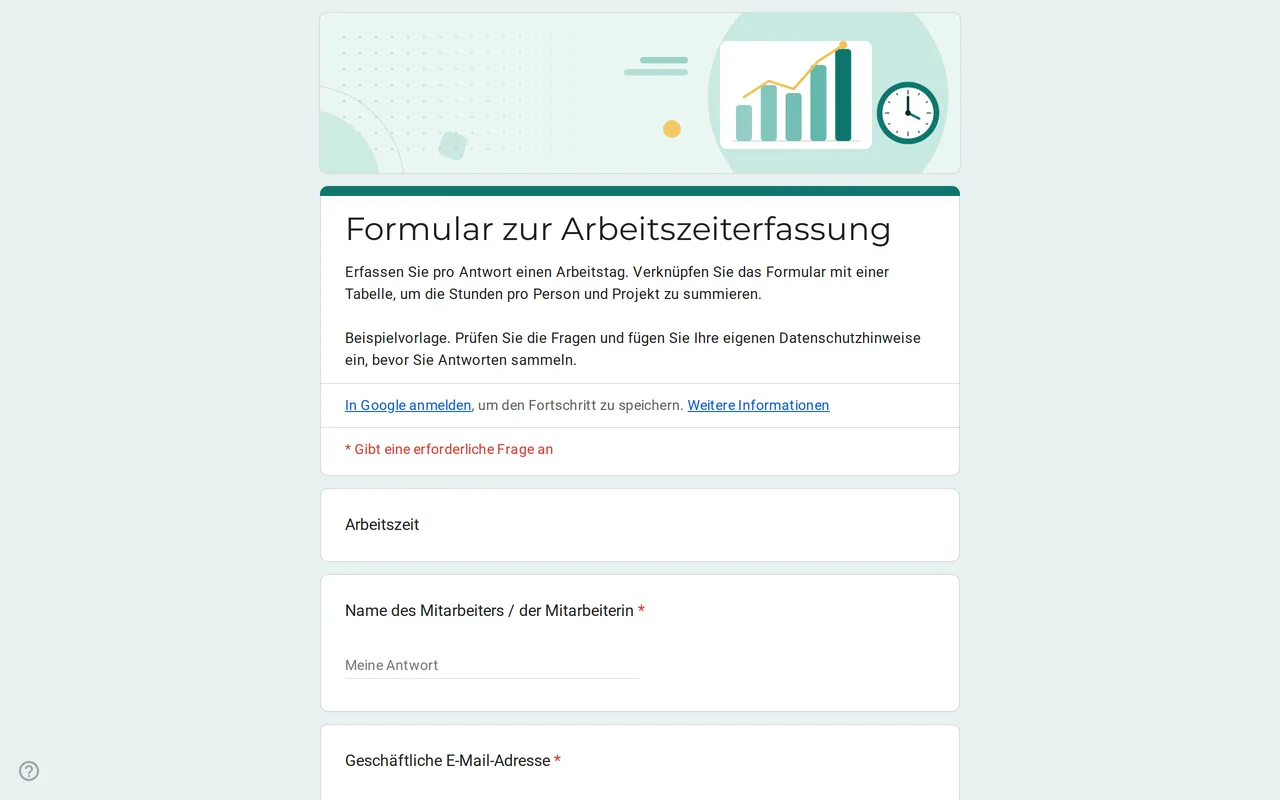 Google Forms Stundenzettel-Vorlage Hourix mit Fragen zu Datum, Arbeitsbeginn, Arbeitsende, Pause und Projekt