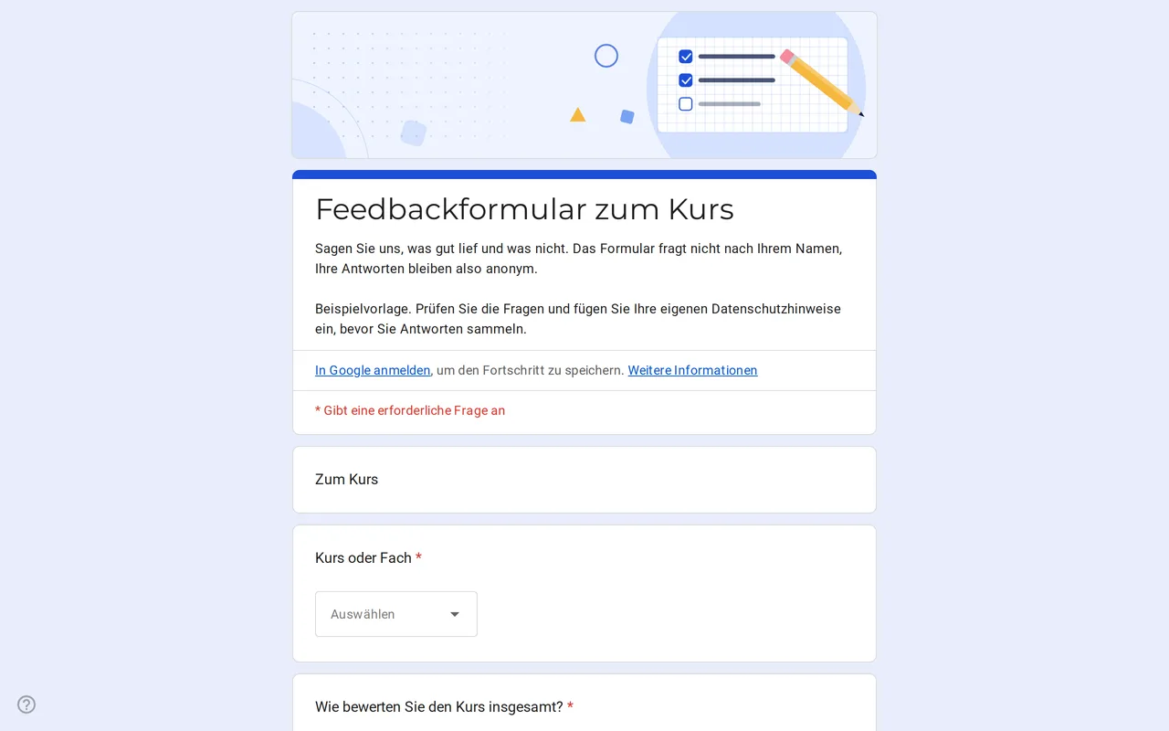 Google Forms Kursbewertung Klasso mit Bewertungsskala und Raster für Tempo, Unterlagen und Aufgaben