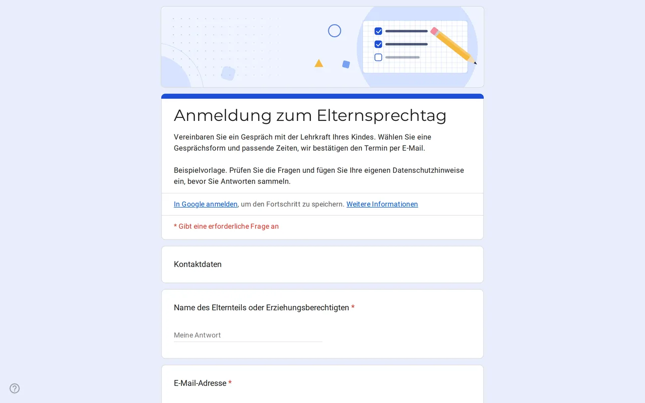 Google Forms Vorlage Meetrix für Elterngespräche mit Fragen zur Gesprächsform und zu den Terminen