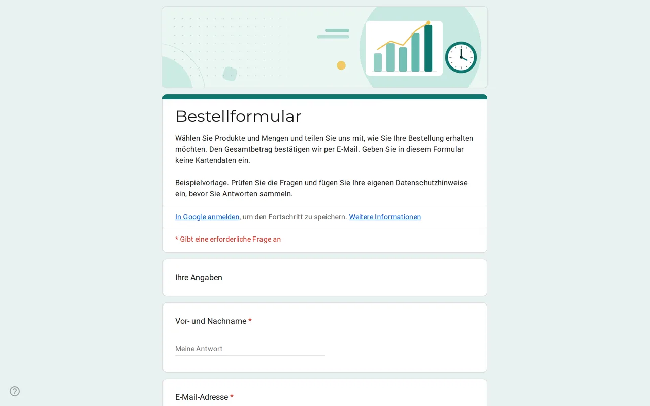 Google Forms Bestellformular-Vorlage Ordix mit Mengenraster für Produkte, Größen und Lieferoptionen