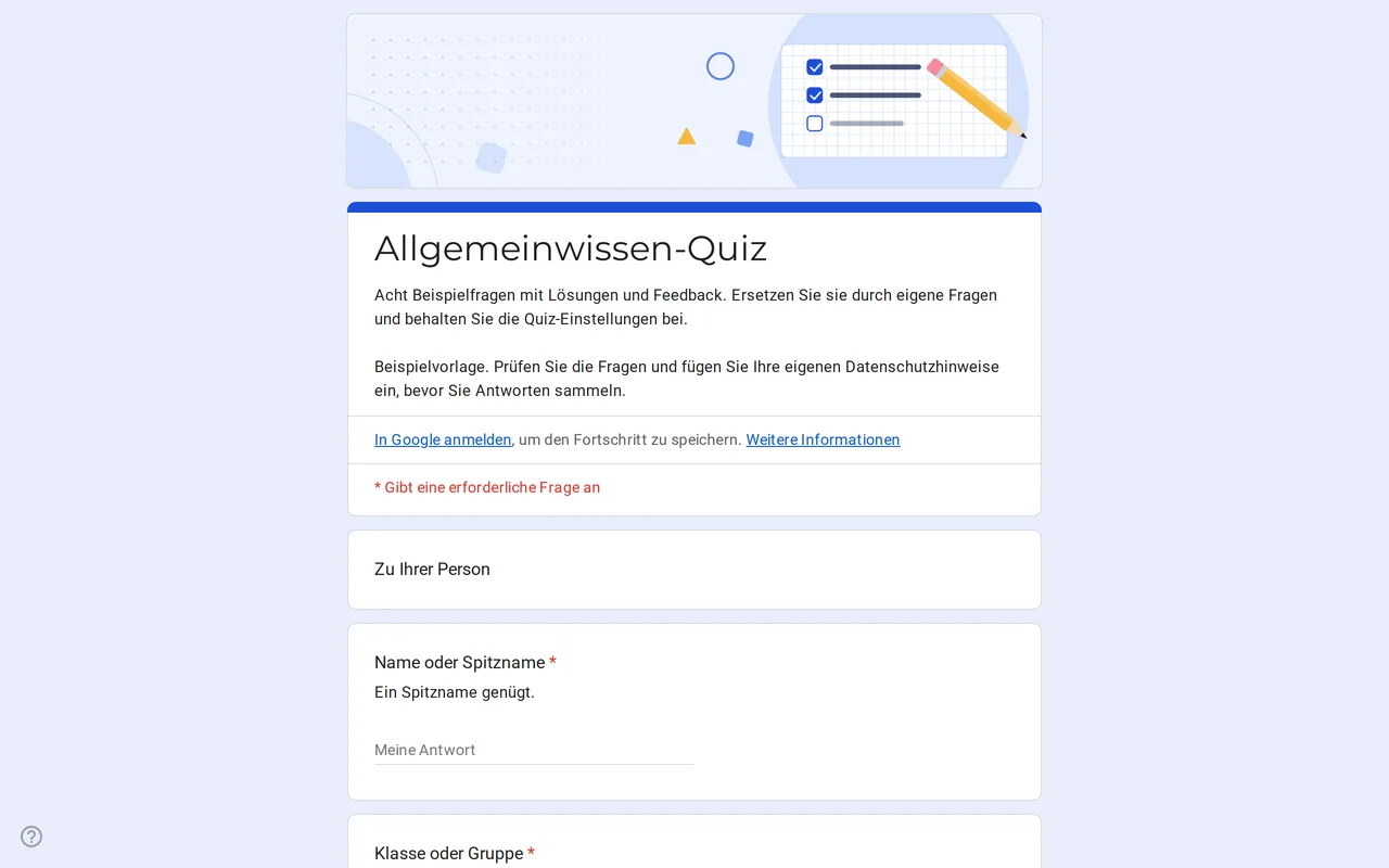 Google Forms Quiz-Vorlage Quizora mit Multiple-Choice-Beispielfragen, Lösungsschlüssel und Punkten
