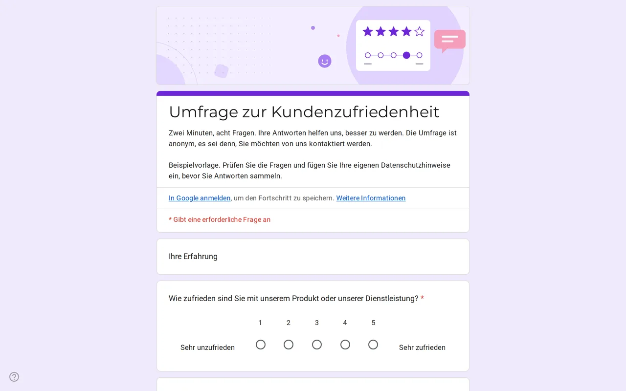 Google Forms Umfrage zur Kundenzufriedenheit Satisfa mit Bewertungsskalen und Zufriedenheitsraster