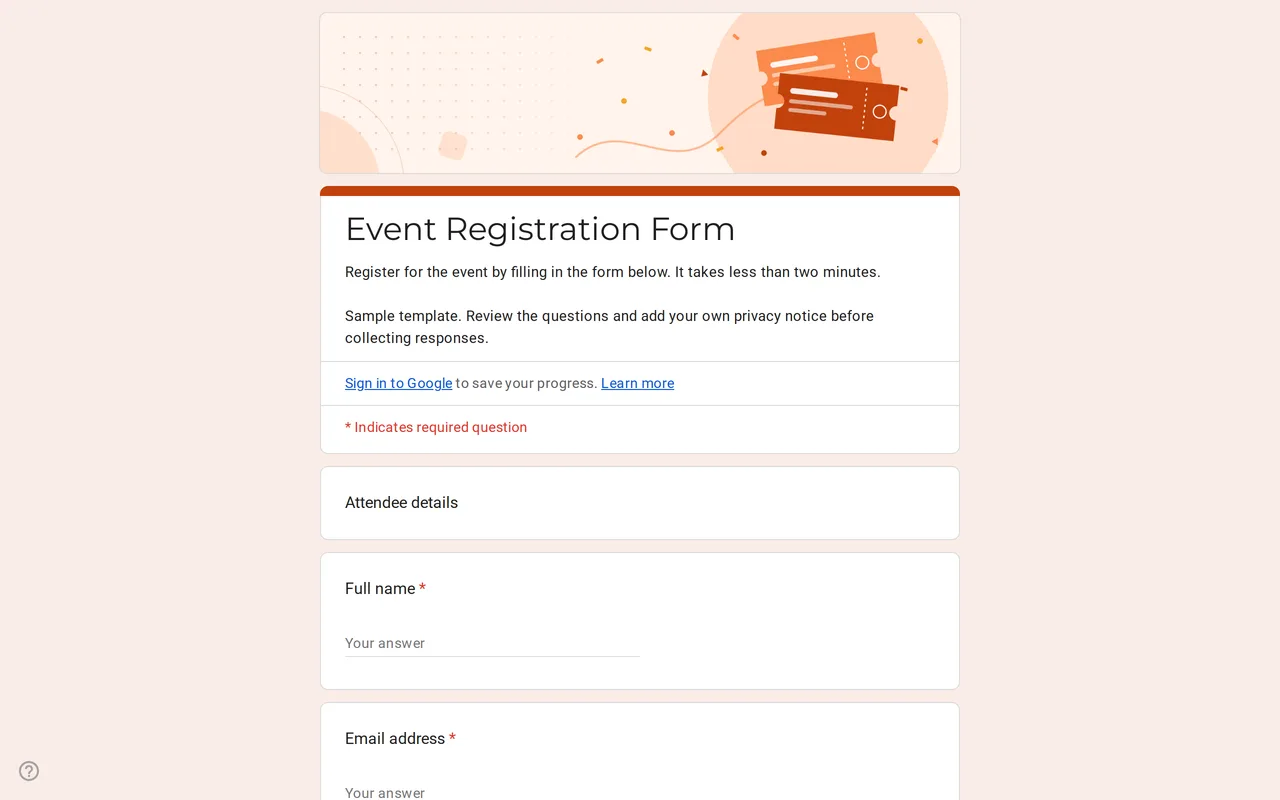 Eventra Google Forms event registration template showing attendee details, ticket type and session questions