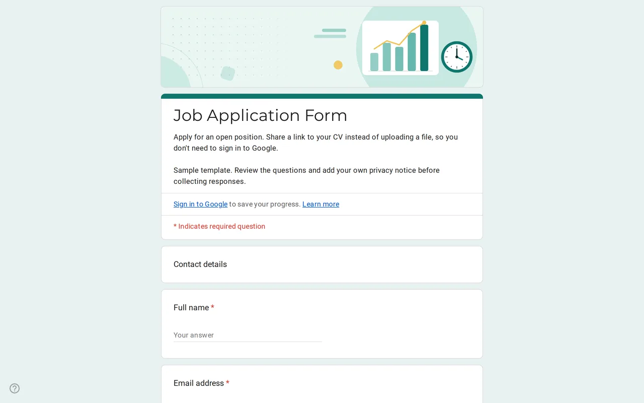 Hirova Google Form job application template with position dropdown, start date and CV link questions