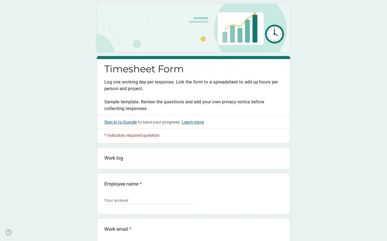 Hourix Google Forms timesheet template with date, start time, end time, break and project questions
