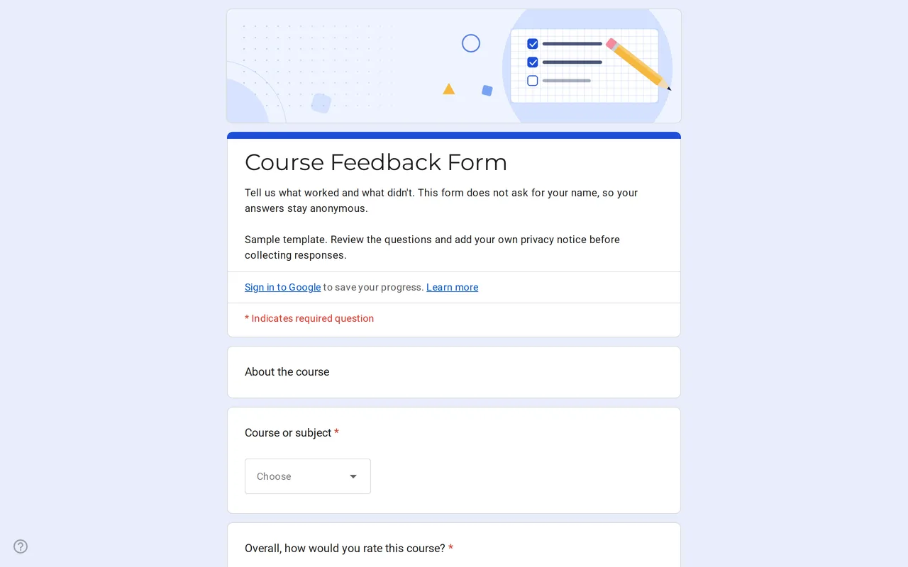Klasso course evaluation Google Form with rating scale and grid for pace, materials and assignments