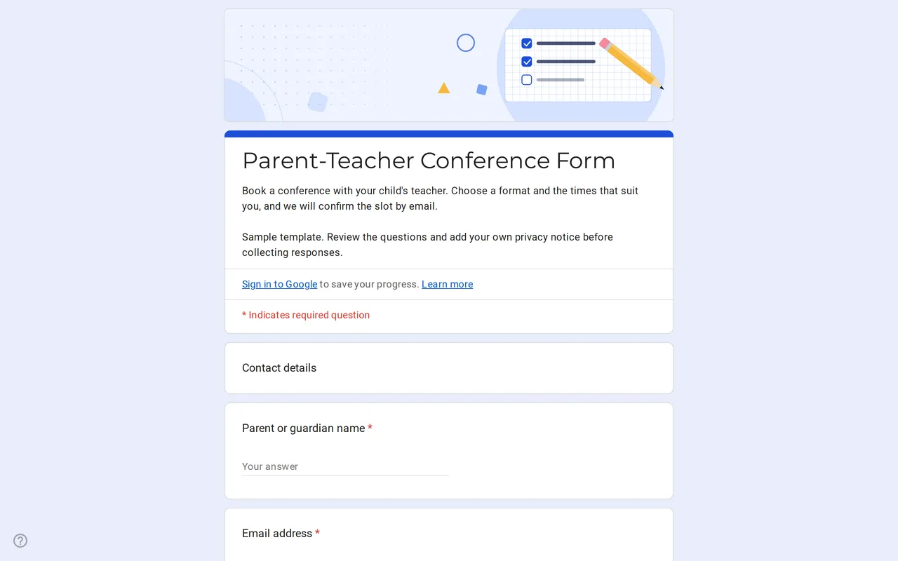 Meetrix parent teacher conference Google Form template with meeting format and time slot questions