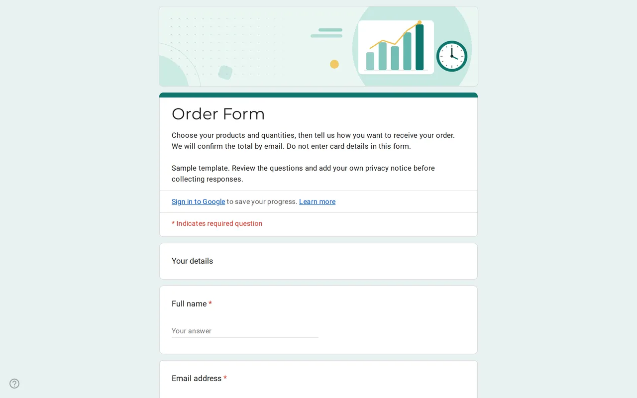 Ordix Google Forms order form template with a product quantity grid, sizes and delivery options