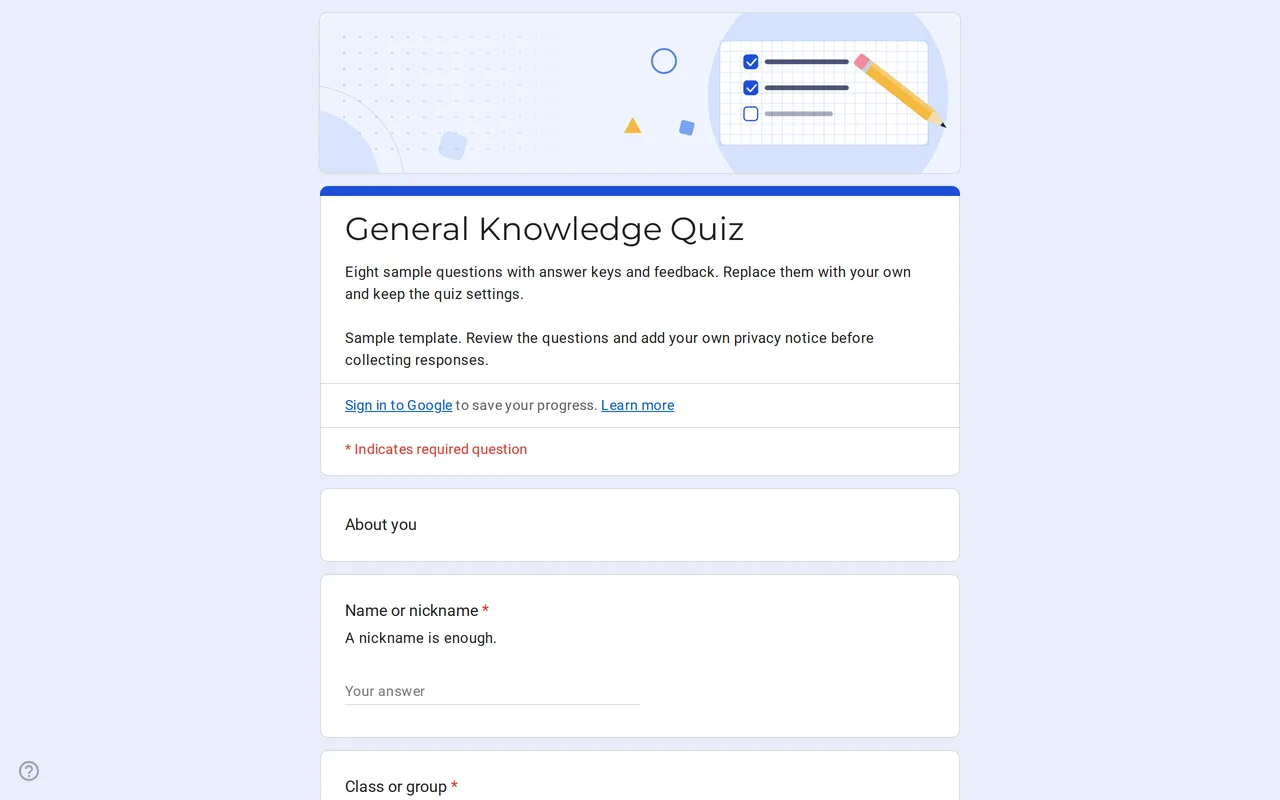 Quizora Google Form for quiz with sample multiple choice questions, answer key and points