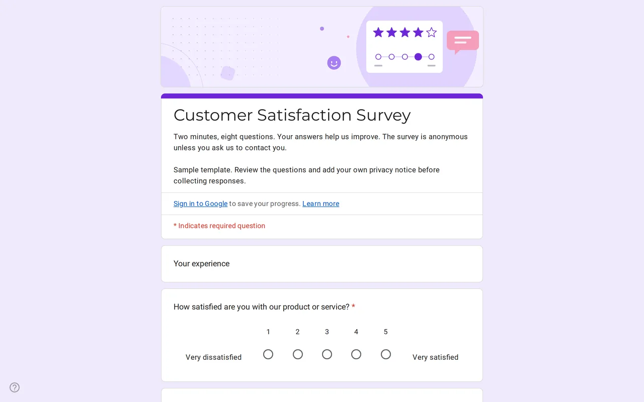 Satisfa Google Form for survey of customer satisfaction with rating scales and a satisfaction grid