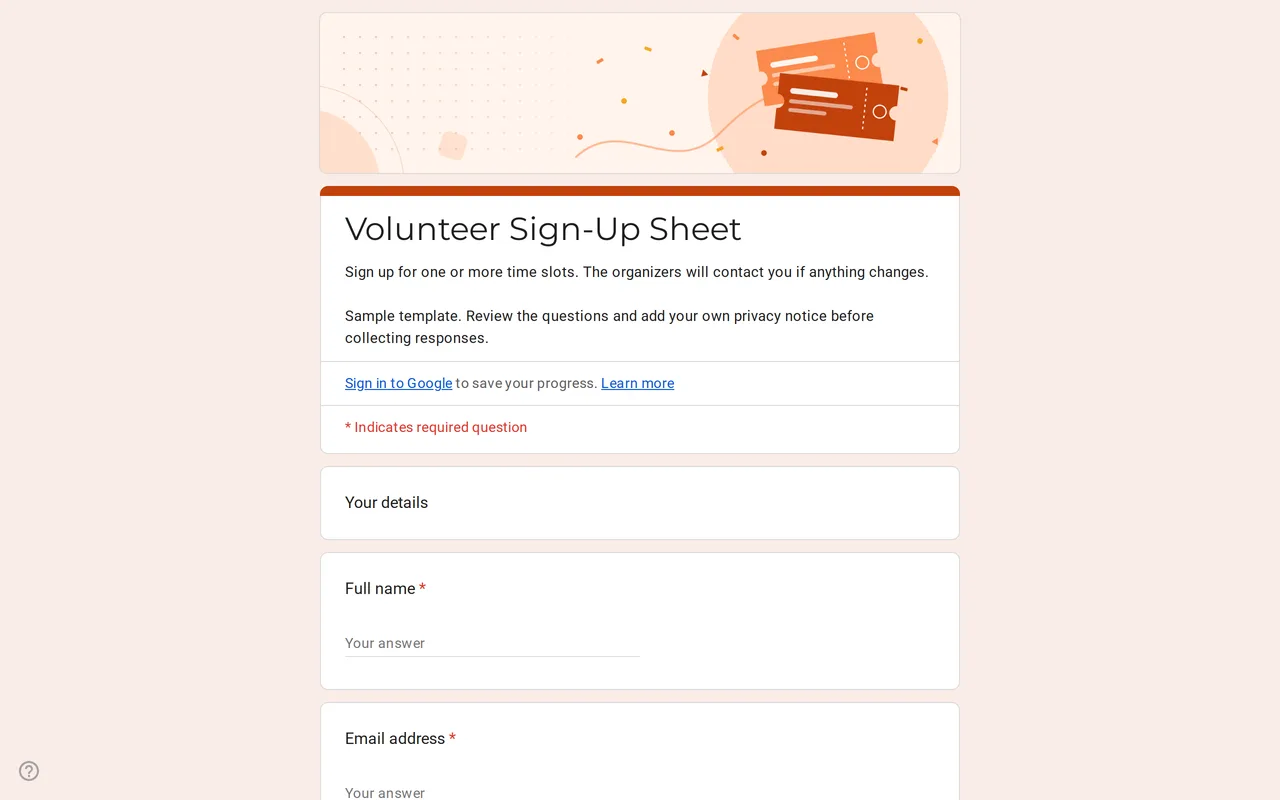 Slotly Google Forms sign-up sheet showing volunteer time slot checkboxes and role choices