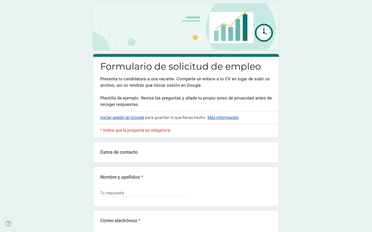 Plantilla de Google Forms Hirova para solicitud de empleo con desplegable de puestos, fecha de incorporación y enlace al CV