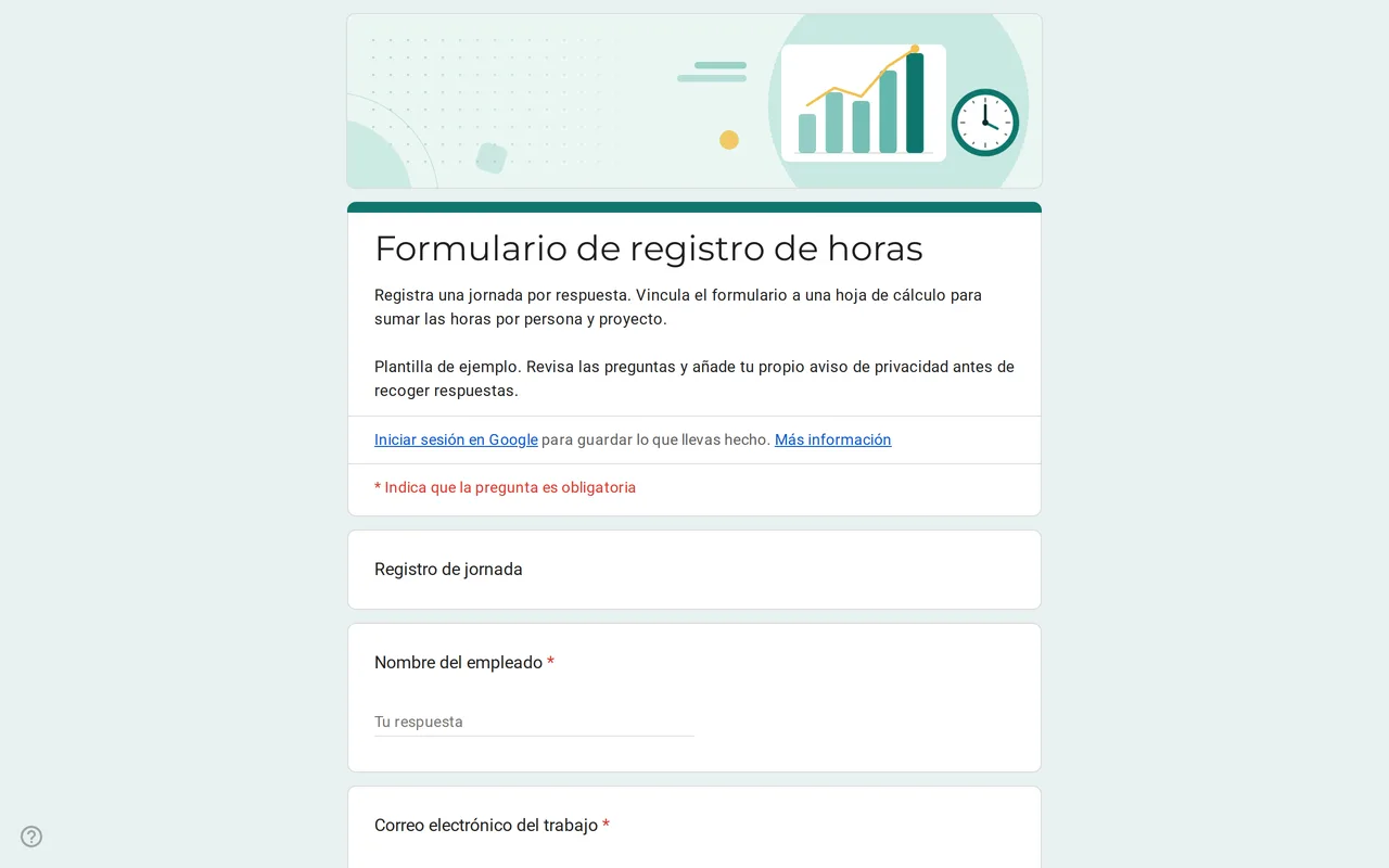 Plantilla de Google Forms Hourix para registro de horas con preguntas de fecha, hora de entrada, hora de salida, pausa y proyecto