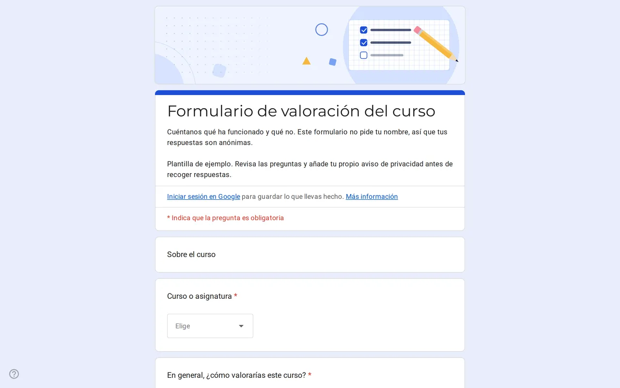 Formulario de Google Klasso para evaluar un curso con escala de valoración y cuadrícula de ritmo, materiales y tareas