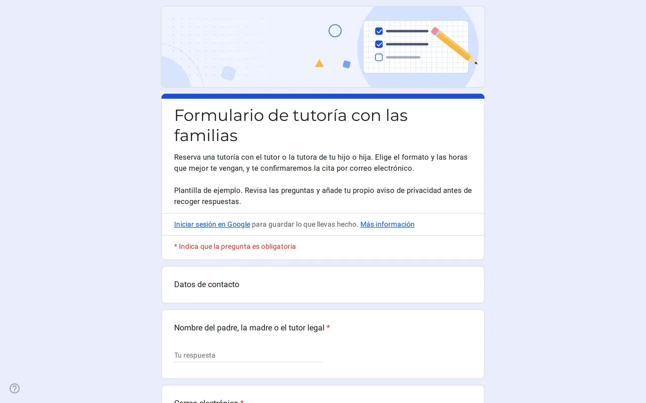 Plantilla de Google Forms Meetrix para tutorías con las familias con preguntas de formato de reunión y horarios