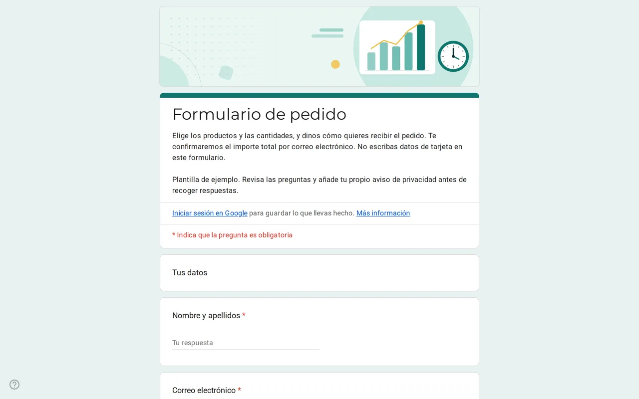 Plantilla de formulario de pedido Ordix en Google Forms con cuadrícula de cantidades por producto, tallas y opciones de entrega
