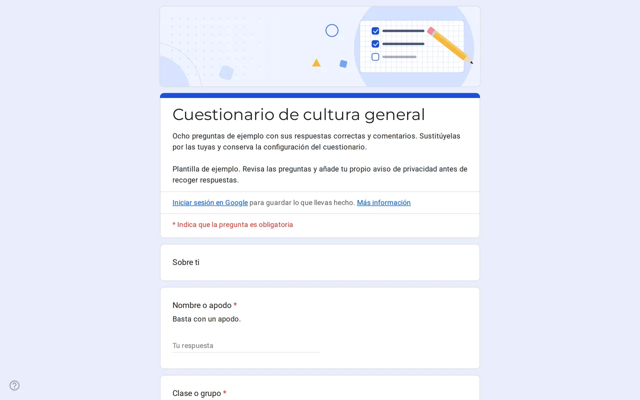 Formulario de Google Quizora para cuestionarios con preguntas de varias opciones de ejemplo, clave de respuestas y puntos