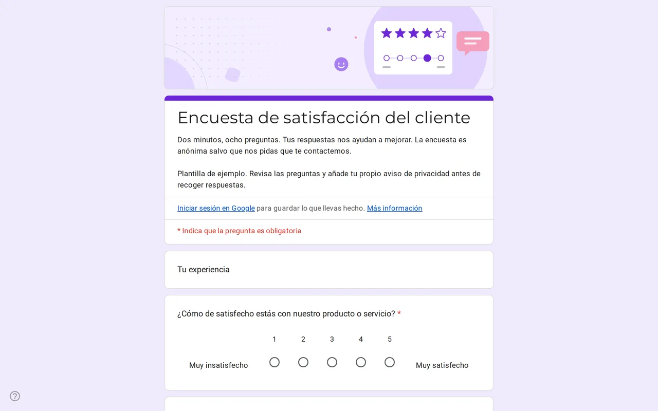 Formulario de Google Satisfa para encuestas de satisfacción del cliente con escalas de valoración y cuadrícula de satisfacción