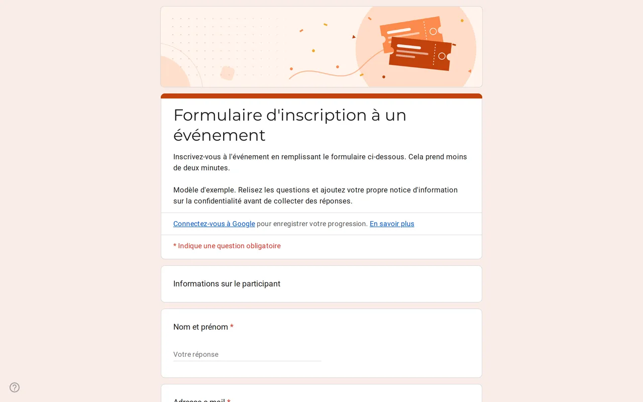 Modèle Google Forms Eventra d'inscription à un événement avec les questions sur le participant, le type de billet et les sessions