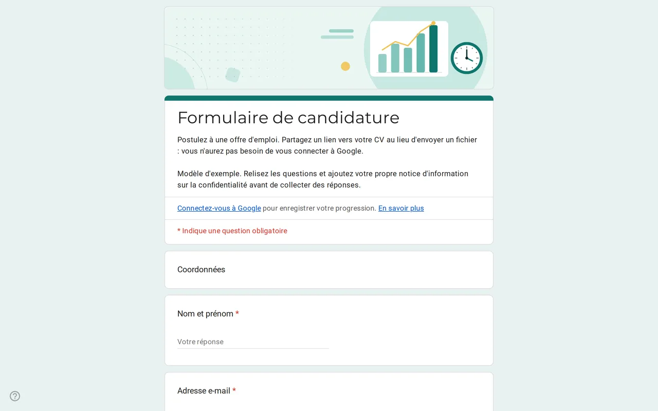 Modèle Google Forms Hirova de formulaire de candidature avec liste des postes, date de disponibilité et lien vers le CV