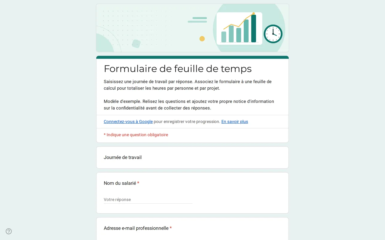 Modèle Google Forms Hourix de feuille de temps avec les questions date, heure de début, heure de fin, pause et projet