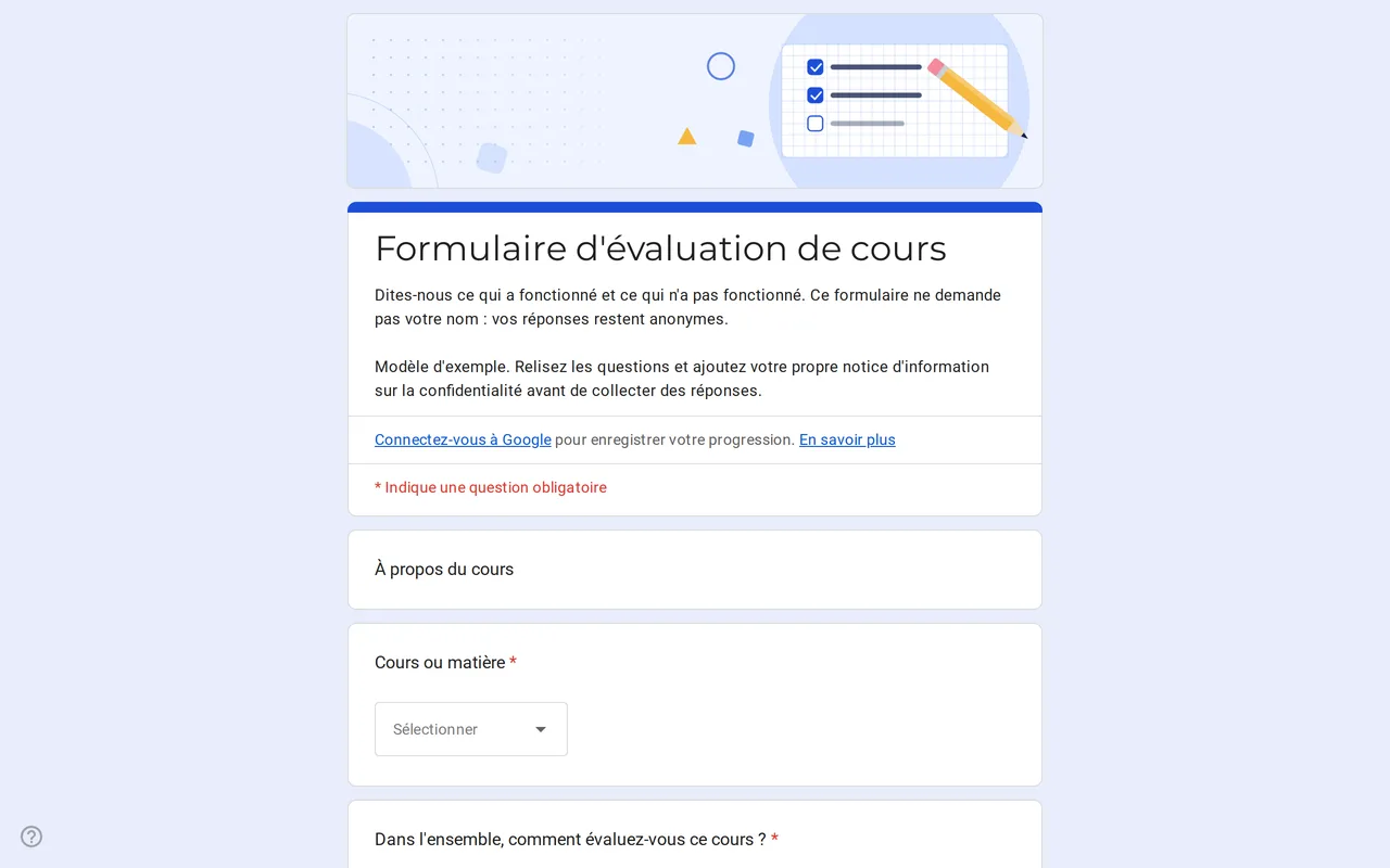 Formulaire Google Klasso d'évaluation de cours avec échelle de notation et grille pour le rythme, les supports et les devoirs