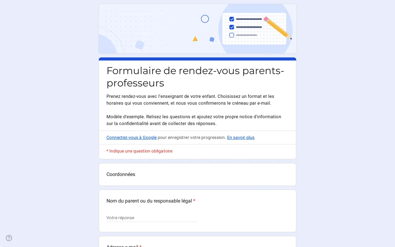 Modèle Google Forms Meetrix de rendez-vous parents-professeurs avec les questions sur le format et les créneaux
