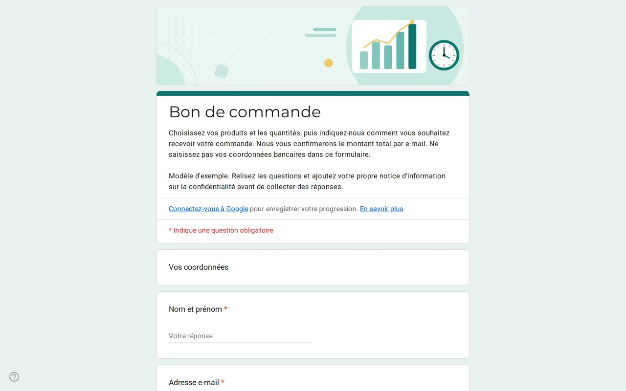 Modèle Google Forms Ordix de bon de commande avec une grille de quantités par produit, les tailles et les options de livraison