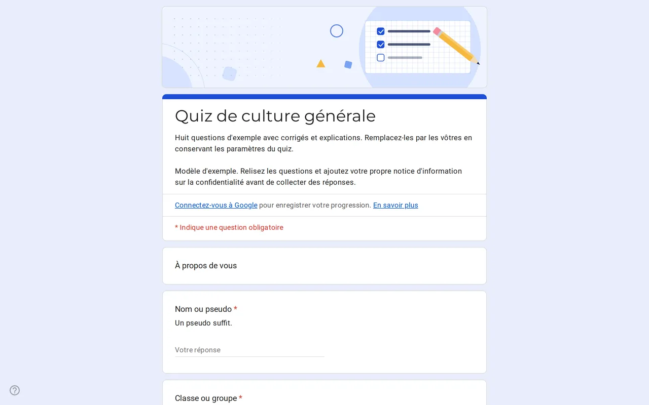 Formulaire Google Quizora pour un quiz avec des questions d'exemple à choix multiples, le corrigé et les points