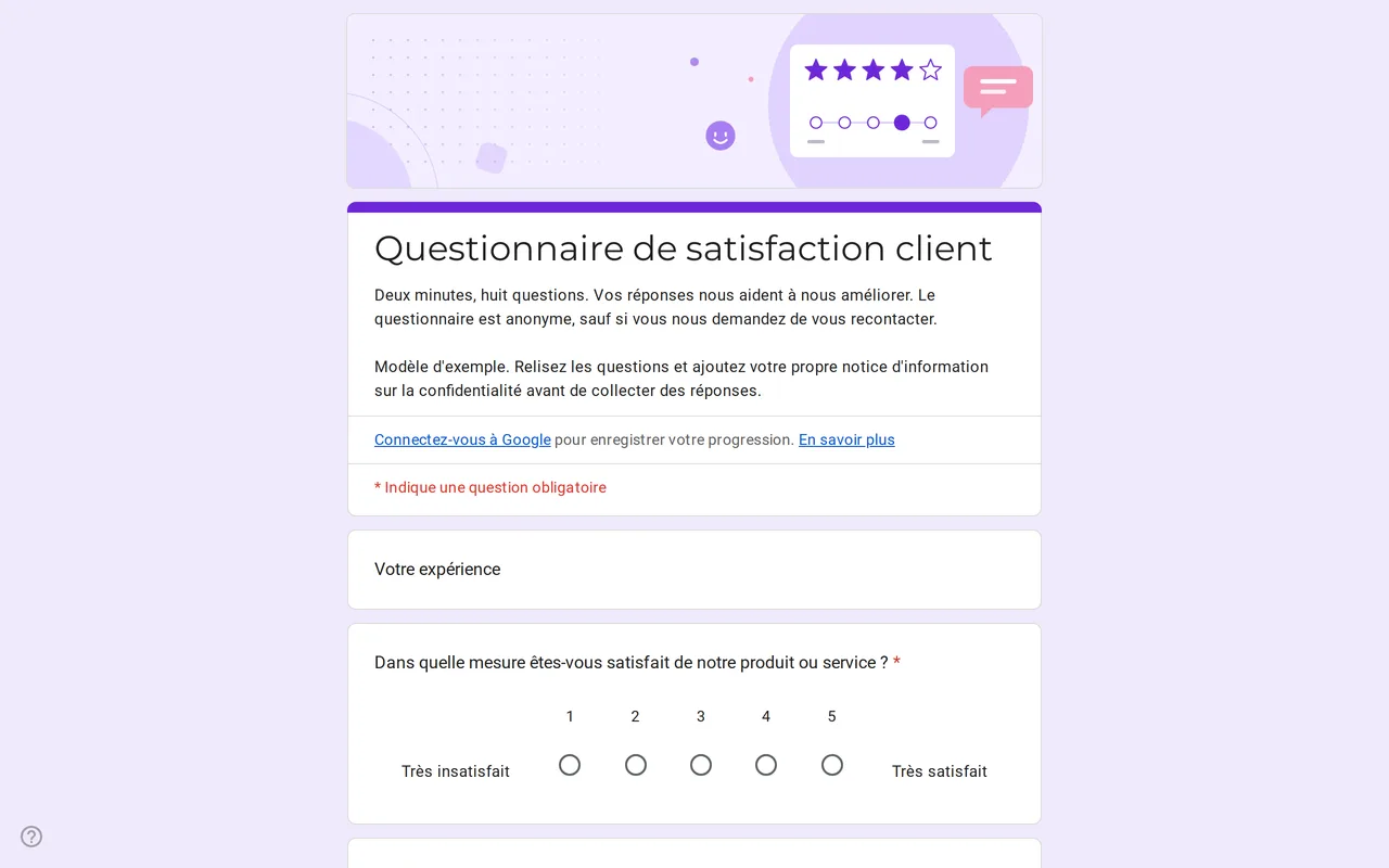 Formulaire Google Satisfa de questionnaire de satisfaction client avec échelles de notation et grille de satisfaction