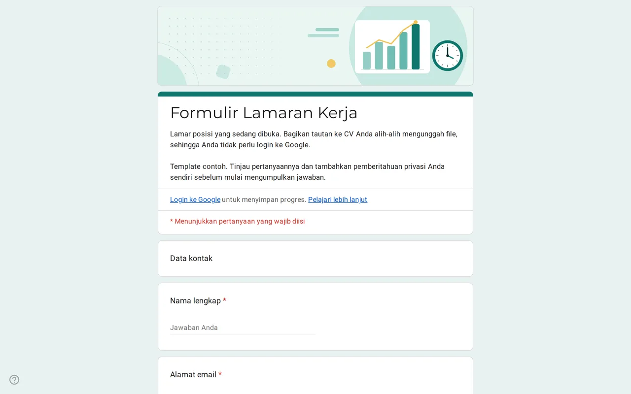 Template Google Form lamaran kerja Hirova dengan pertanyaan drop-down posisi, tanggal mulai, dan tautan CV