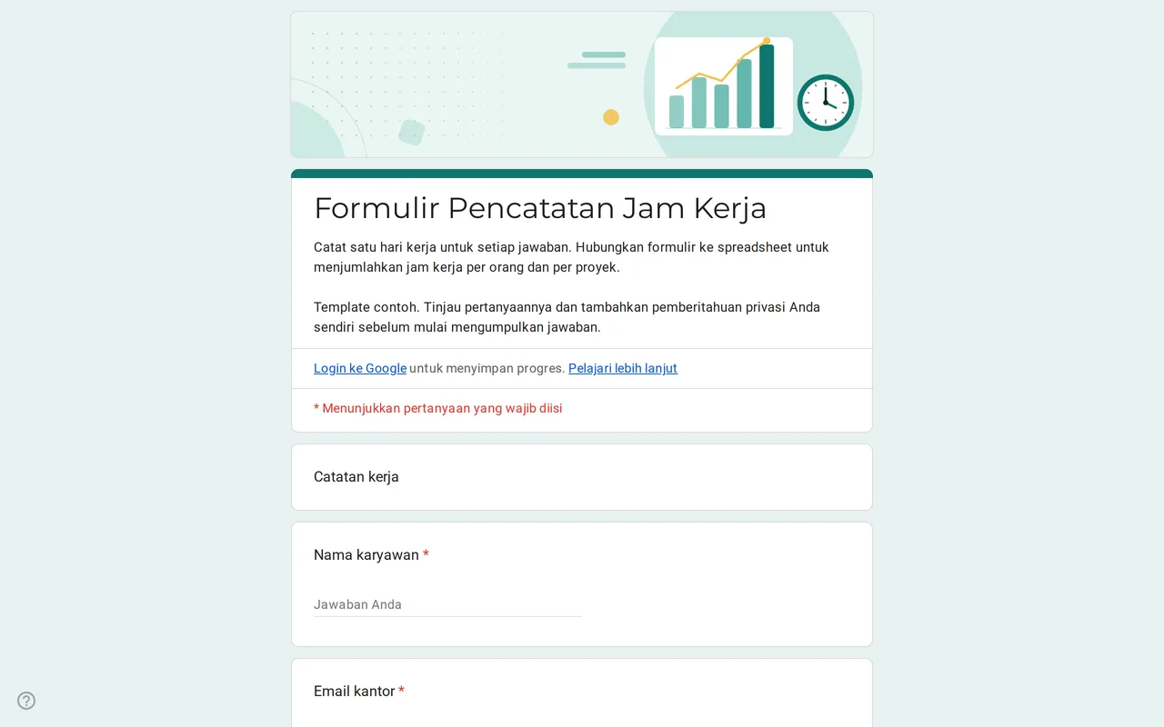 Template timesheet Google Form Hourix dengan pertanyaan tanggal, jam mulai, jam selesai, istirahat, dan proyek