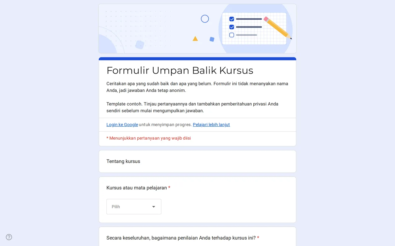 Google Form evaluasi kursus Klasso dengan skala penilaian dan petak untuk kecepatan materi, bahan ajar, dan tugas