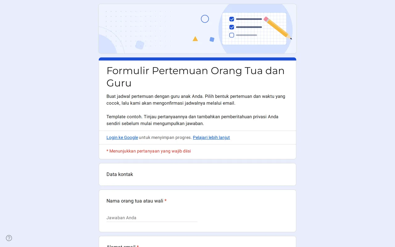 Template Google Form pertemuan orang tua dan guru Meetrix dengan pertanyaan bentuk pertemuan dan pilihan waktu