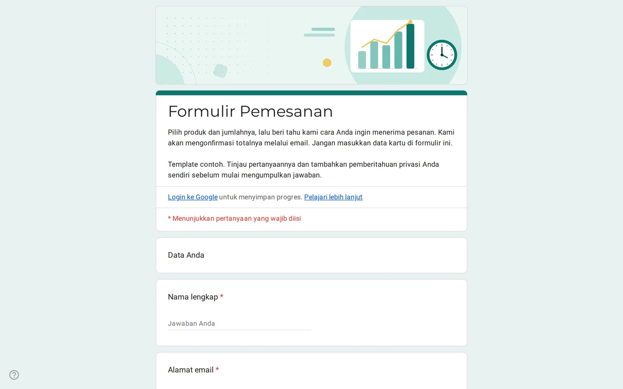 Template formulir pemesanan Google Form Ordix dengan petak jumlah produk, ukuran, dan pilihan pengiriman