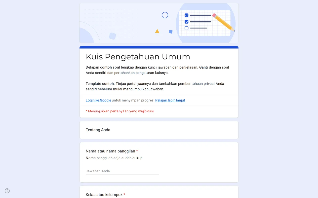 Google Form kuis Quizora dengan contoh soal pilihan ganda, kunci jawaban, dan poin