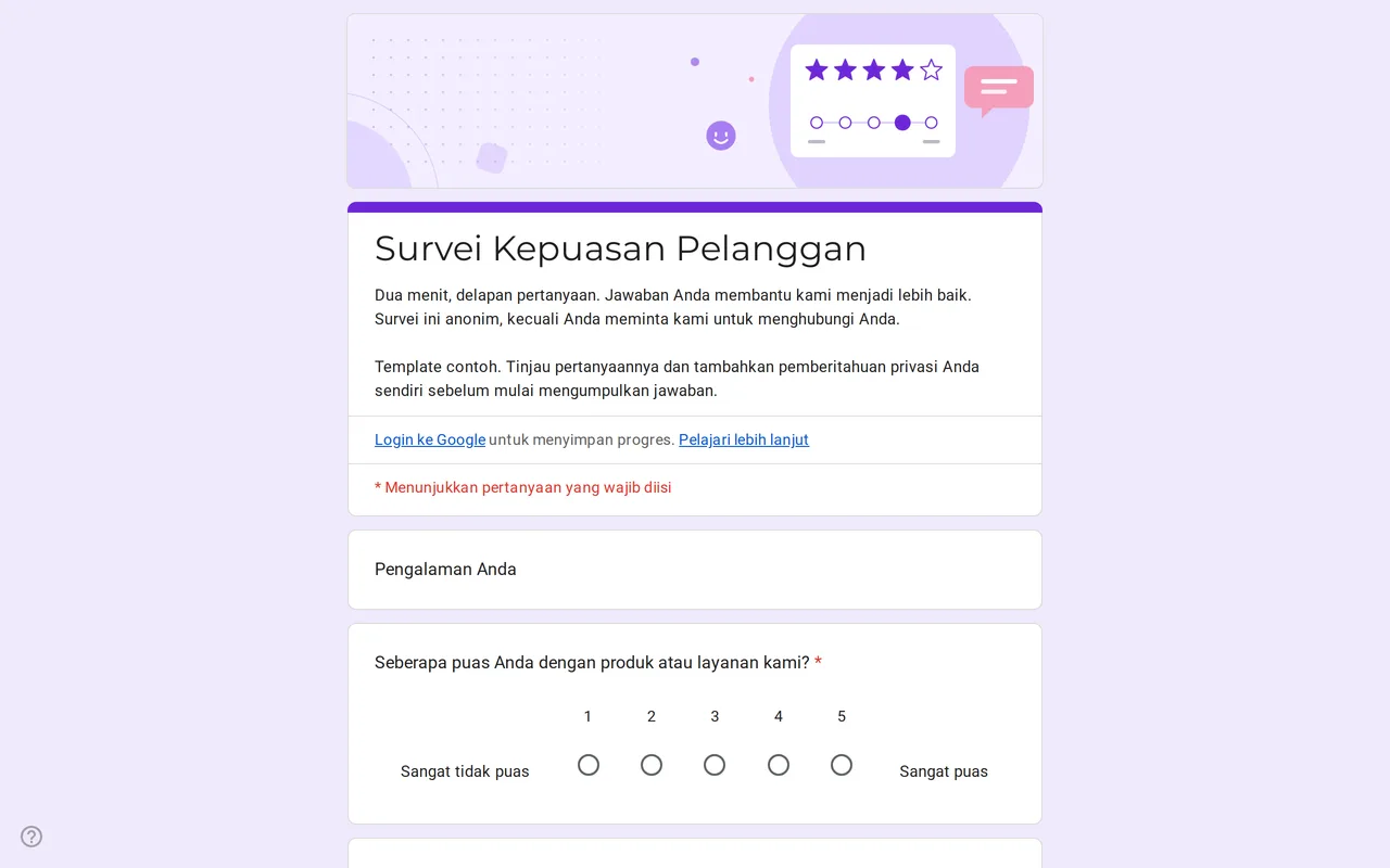 Google Form survei kepuasan pelanggan Satisfa dengan skala penilaian dan petak kepuasan