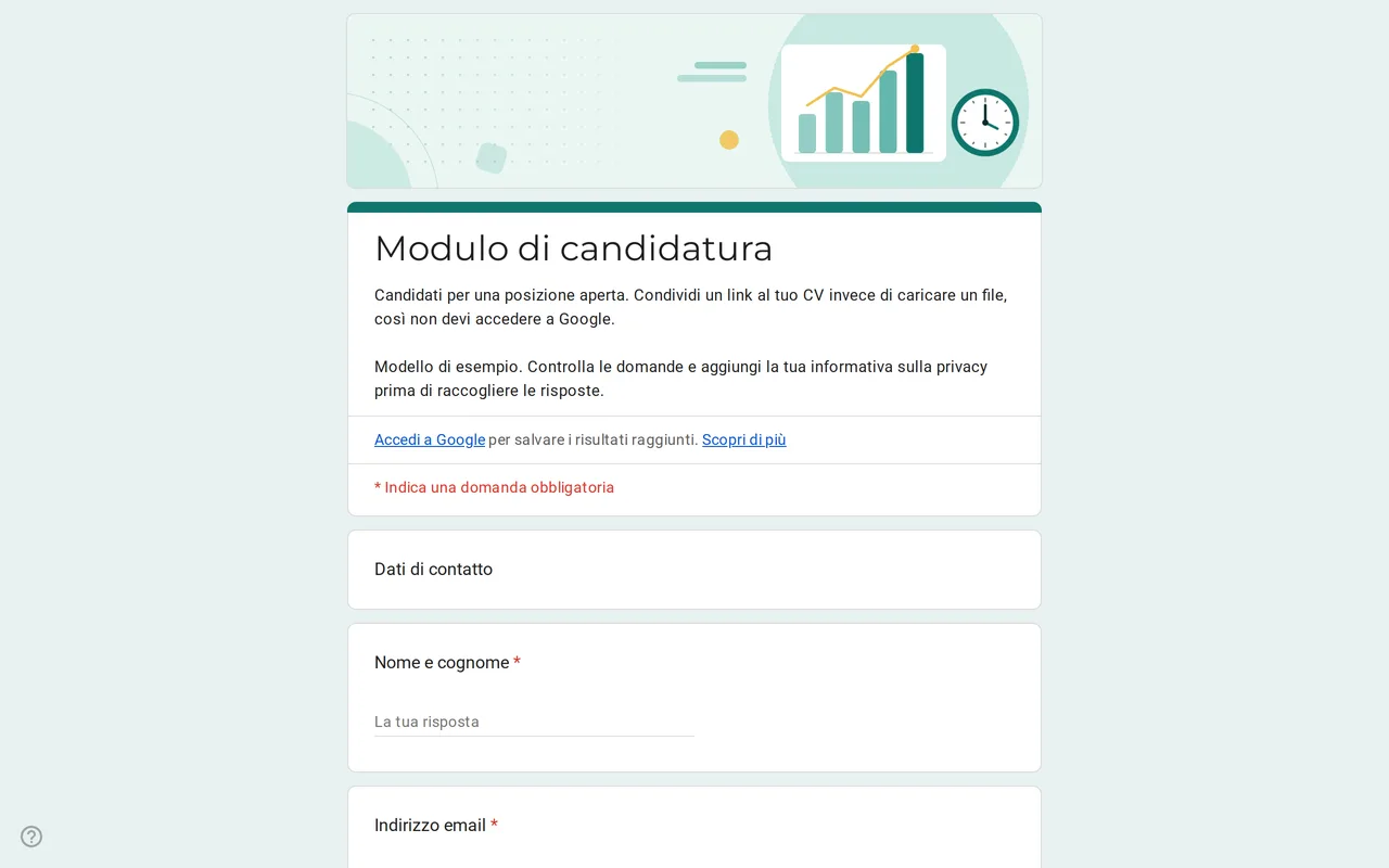 Modello Google Moduli Hirova per candidature di lavoro con elenco delle posizioni, data di inizio e link al CV