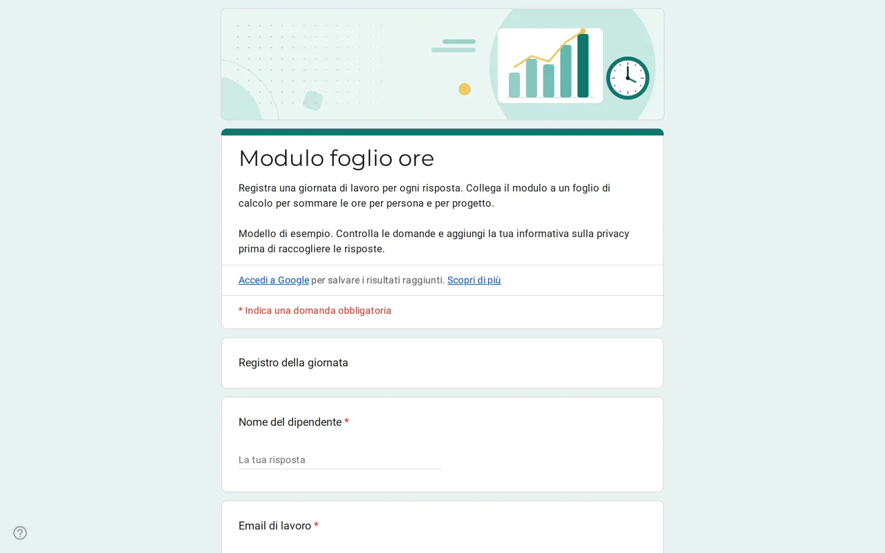 Modello Google Moduli Hourix per il foglio ore con le domande su data, ora di inizio, ora di fine, pausa e progetto
