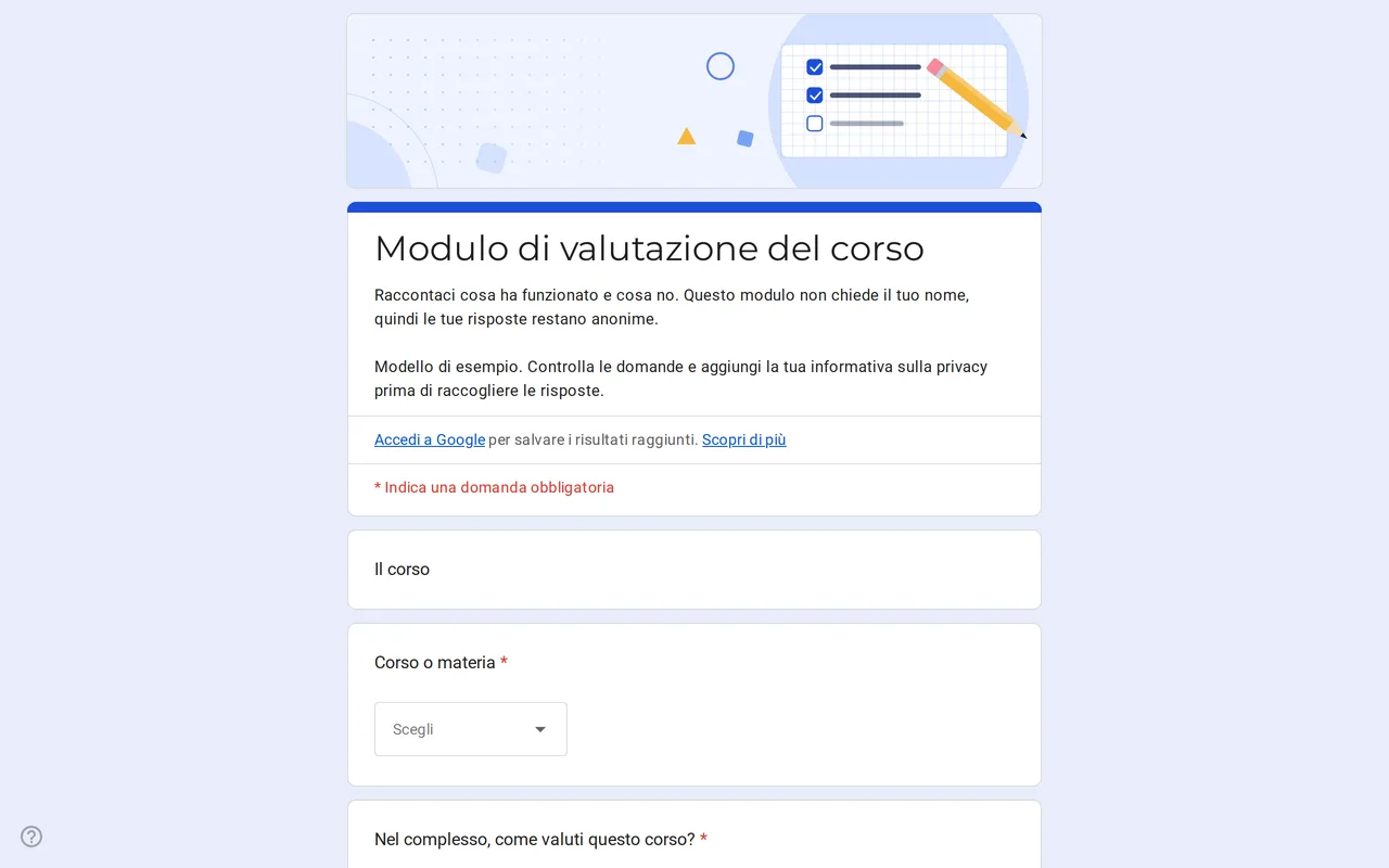 Modulo Google Klasso per la valutazione del corso con scala di valutazione e griglia per ritmo, materiali e compiti