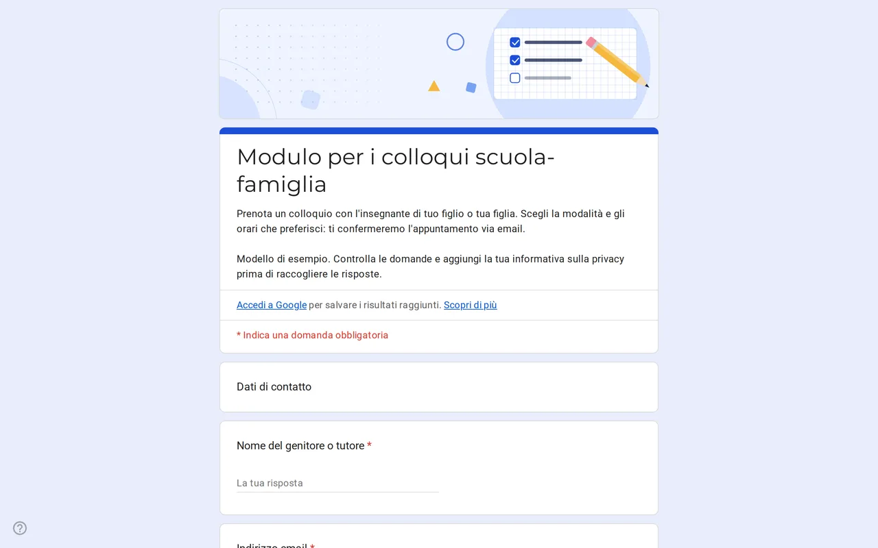 Modello Google Moduli Meetrix per i colloqui scuola-famiglia con le domande su modalità dell'incontro e orari
