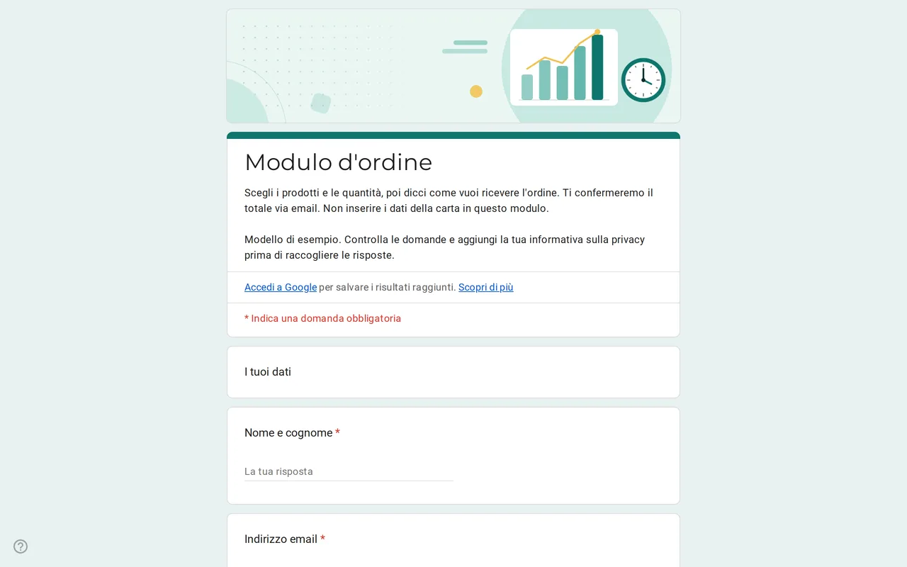 Modello Google Moduli Ordix per il modulo d'ordine con griglia delle quantità per prodotto, taglie e opzioni di consegna