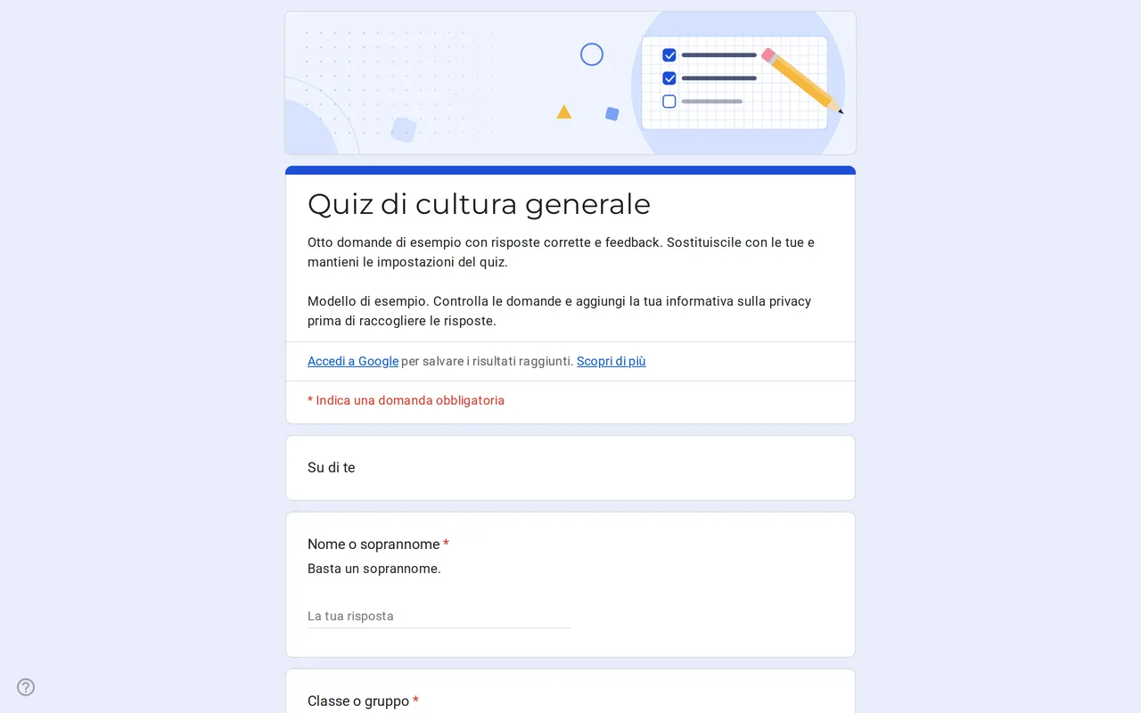 Modulo Google Quizora per quiz con domande di esempio a scelta multipla, chiave di risposta e punti