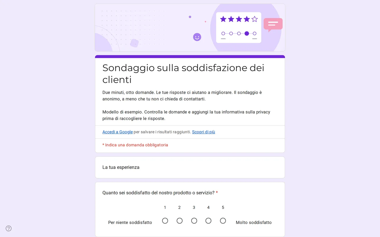 Modulo Google Satisfa per il questionario di soddisfazione dei clienti con scale di valutazione e griglia di soddisfazione