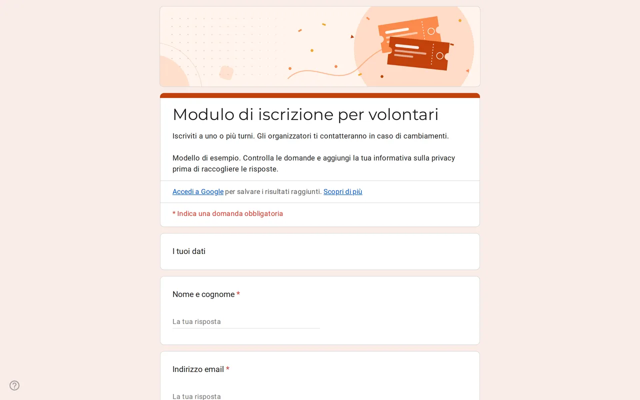Modulo di iscrizione Google Moduli Slotly con le caselle dei turni dei volontari e la scelta del ruolo