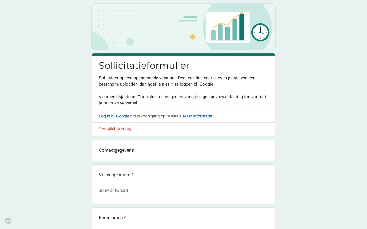 Google Formulieren sollicitatiesjabloon Hirova met drop-down voor de functie, startdatum en link naar het cv