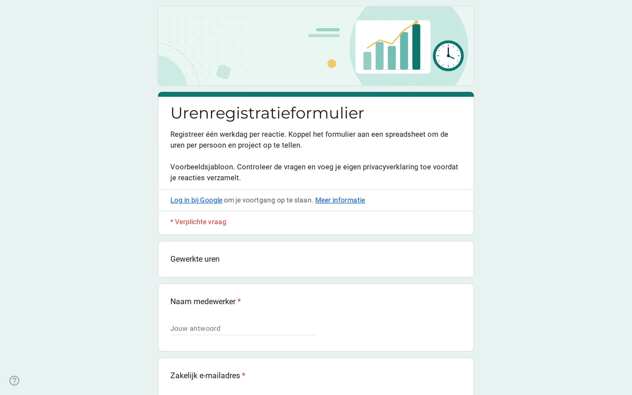 Google Formulieren urenregistratiesjabloon Hourix met vragen over datum, begintijd, eindtijd, pauze en project