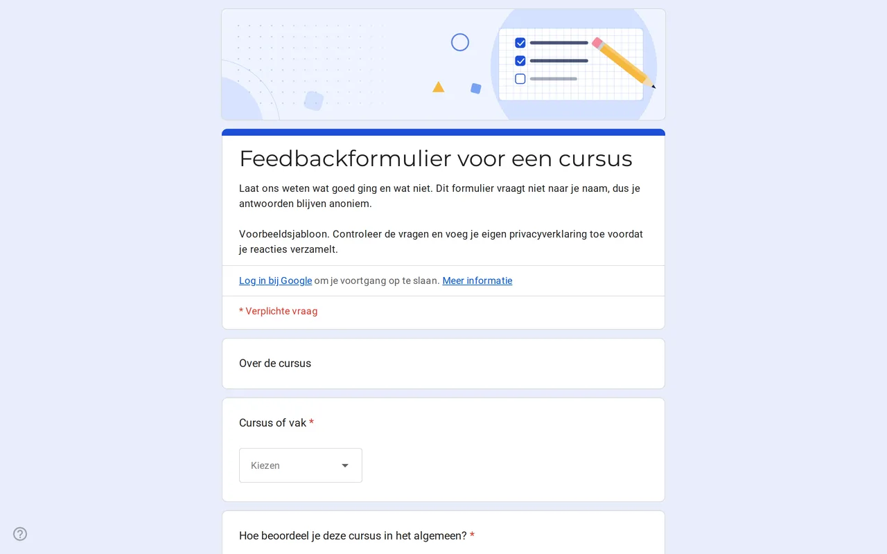 Google Formulieren cursusevaluatie Klasso met beoordelingsschaal en raster voor tempo, lesmateriaal en opdrachten
