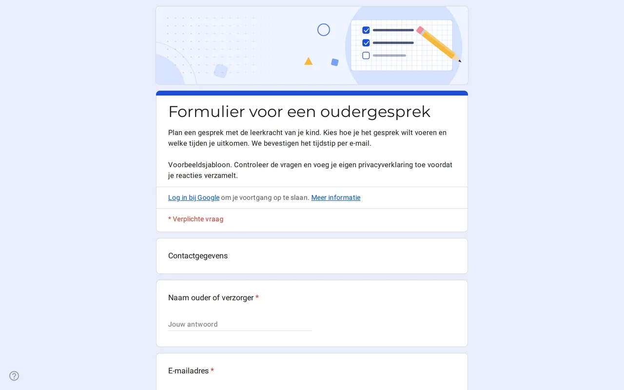 Google Formulieren sjabloon Meetrix voor oudergesprekken met vragen over de vorm van het gesprek en de tijden